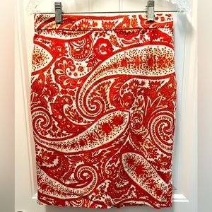 Orange and white paisley pencil skirt. Size 4. J Crew brand. Like new